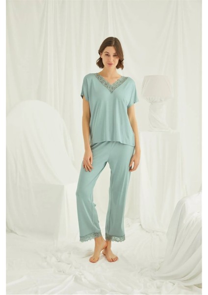 18465 Kadın Kısa Kollu V Yakalı Dantelli Pijama Takımı -Yeşil fiyatları