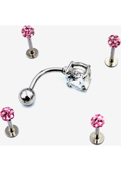 Renkli Taşlı Çelik 5 Adet Kaş Tragus Piercing