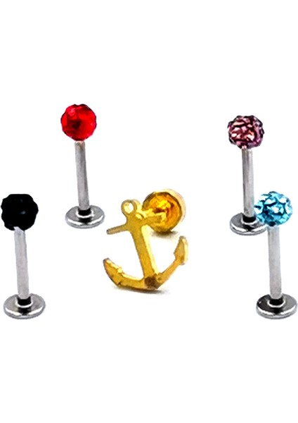 Renkli Taşlı Çelik 5 Adet Kaş Tragus Piercing