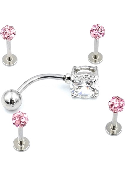 Renkli Taşlı Çelik 5 Adet Kaş Tragus Piercing