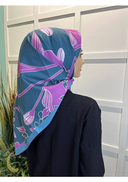 Eflatun Scarf Dijital Baskı Tomurcuk Desen Rayon Eşarp 00749