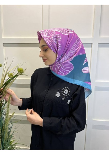 Eflatun Scarf Dijital Baskı Tomurcuk Desen Rayon Eşarp 00749