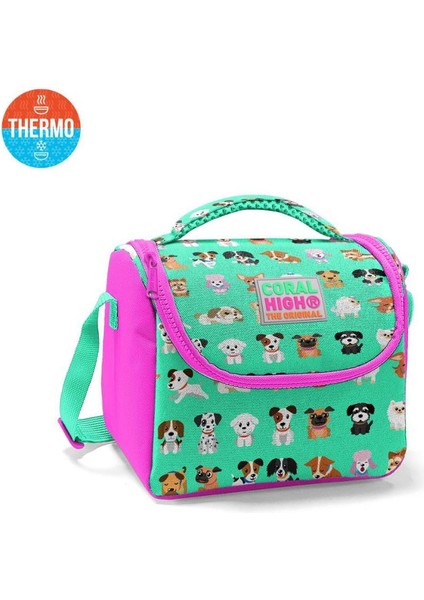 Kids Su Yeşili Pembe Köpek Desenli Thermo Beslenme Çantası 11715