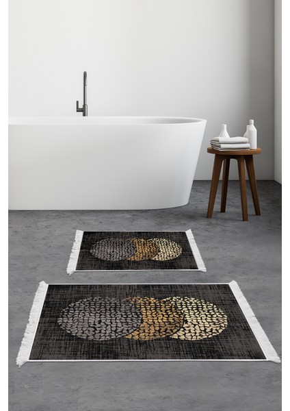 Kaymaz Taban Djt 2'li Banyo Paspas Takımı Trend Saçaklı Modern E4052 Bej Krem Mavi