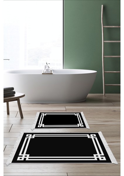 Kaymaz Taban Djt 2'li Banyo Paspas Takımı Trend Saçaklı Modern 1669 Siyah