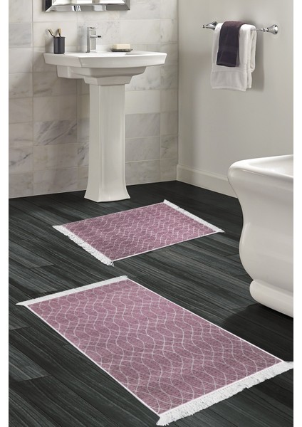 Kaymaz Taban Djt 2'li Banyo Paspas Takımı Yıldız Deri Saçaklı Iskandinav F5084 Gül Kurusu