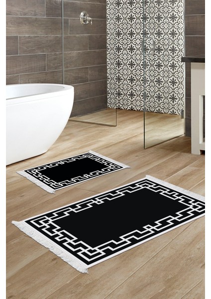 Kaymaz Taban Djt 2'li Banyo Paspas Takımı Star Pamuk Saçaklı Modern F5035 Siyah