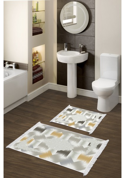 Kaymaz Taban Djt 2'li Banyo Paspas Takımı Yıldız Deri Saçaklı Modern S1030 Krem