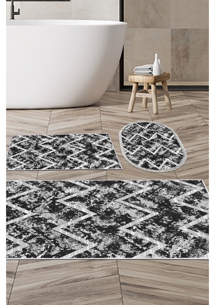 Kaymaz Taban Djt 3'lü Banyo Paspas Takımı Trend Karışık Iskandinav F5128 Siyah
