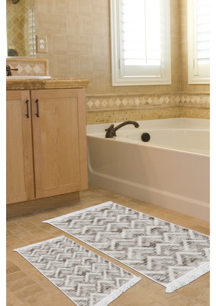 Kaymaz Taban Djt 2'li Banyo Paspas Takımı Trend Saçaklı Iskandinav F5124 Kahve