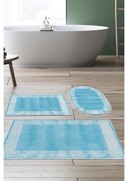 Kaymaz Taban Djt 3'lü Banyo Paspas Takımı Yıldız Deri Karışık Modern 1460 Mavi