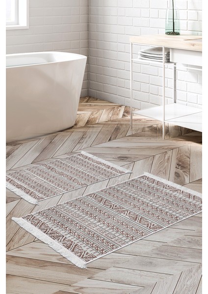 Kaymaz Taban Djt 2'li Banyo Paspas Takımı Yıldız Deri Saçaklı Iskandinav F5082 Kahve