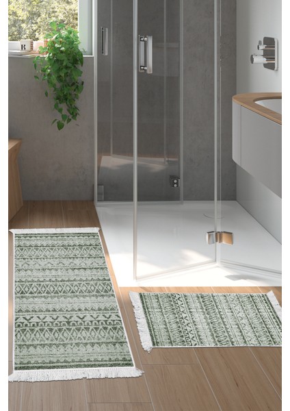 Kaymaz Taban Djt 2'li Banyo Paspas Takımı Yıldız Deri Saçaklı Iskandinav F5078 Yeşil