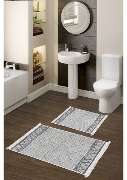 Kaymaz Taban Djt 2'li Banyo Paspas Takımı Yıldız Deri Saçaklı Iskandinav F5081 Gri