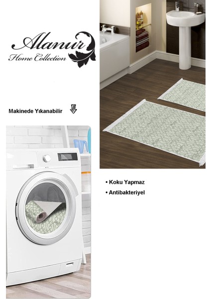 Kaymaz Taban Djt 2'li Banyo Paspas Takımı Trend Saçaklı Modern 757 Yeşil