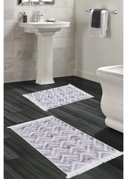 Kaymaz Taban Djt 2'li Banyo Paspas Takımı Trend Saçaklı Iskandinav F5124 Gri