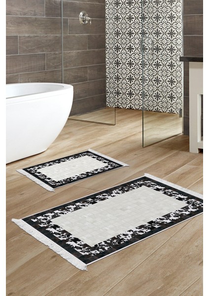 Kaymaz Taban Djt 2'li Banyo Paspas Takımı Trend Saçaklı Modern 1495 Siyah