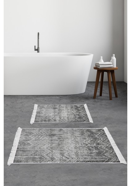 Kaymaz Taban Djt 2'li Banyo Paspas Takımı Yıldız Deri Saçaklı Iskandinav F5083 Antrasit