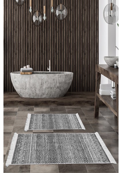 Kaymaz Taban Djt 2'li Banyo Paspas Takımı Yıldız Deri Saçaklı Iskandinav F5087 Antrasit