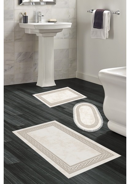 Kaymaz Taban Djt 3'lü Banyo Paspas Takımı Trend Karışık Modern 626M Krem