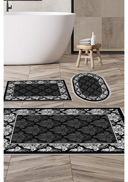 Kaymaz Taban Djt 3'lü Banyo Paspas Takımı Trend Karışık Modern 700M Siyah
