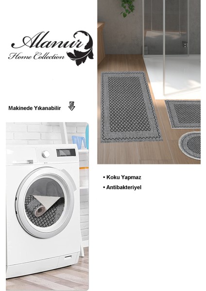 Kaymaz Taban Djt 3'lü Banyo Paspas Takımı Trend Karışık Modern M5001 Gri