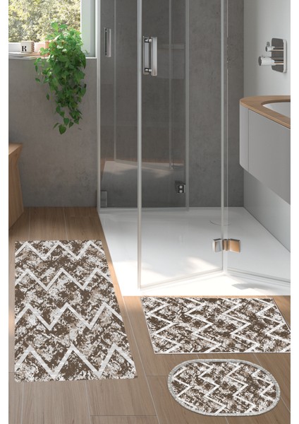 Kaymaz Taban Djt 3'lü Banyo Paspas Takımı Yıldız Deri Karışık Iskandinav F5128 Kahve