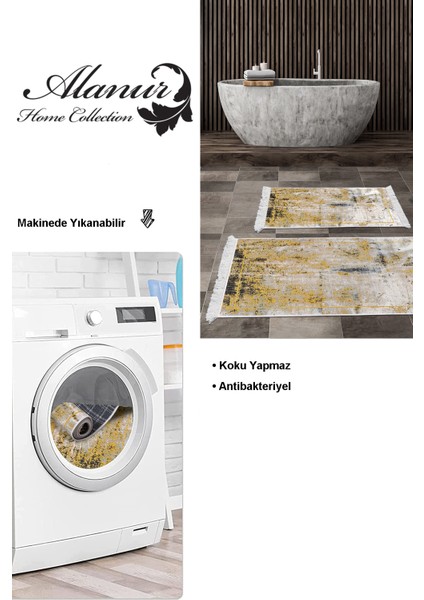 Kaymaz Taban Djt 2'li Banyo Paspas Takımı Star Pamuk Saçaklı Modern M12271 Hardal