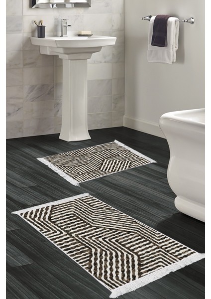 Kaymaz Taban Djt 2'li Banyo Paspas Takımı Yıldız Deri Saçaklı Modern 713 Kahve