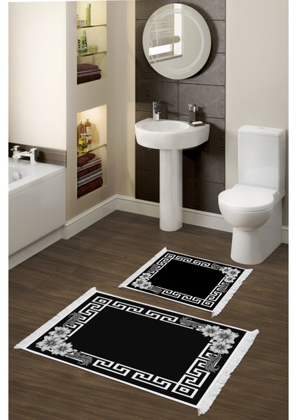 Kaymaz Taban Djt 2'li Banyo Paspas Takımı Trend Saçaklı Modern KT494 Siyah