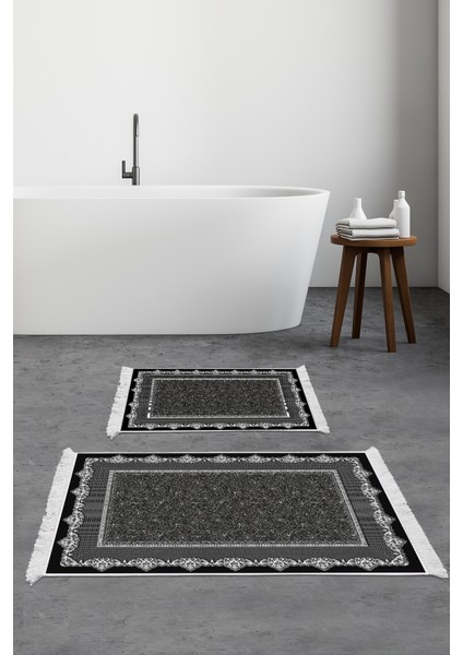 Kaymaz Taban Djt 2'li Banyo Paspas Takımı Yıldız Deri Saçaklı Modern 1692 Siyah