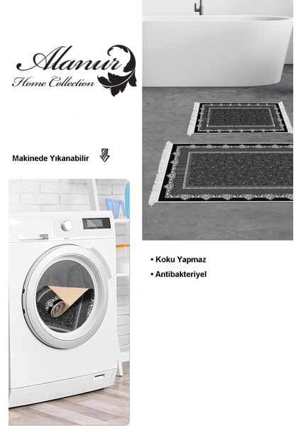 Kaymaz Taban Djt 2'li Banyo Paspas Takımı Yıldız Deri Saçaklı Modern 1692 Siyah