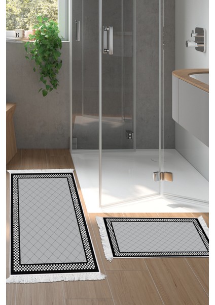 Kaymaz Taban Djt 2'li Banyo Paspas Takımı Yıldız Deri Saçaklı Modern 603M Gri