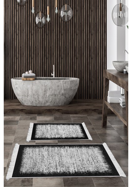 Kaymaz Taban Djt 2'li Banyo Paspas Takımı Yıldız Deri Saçaklı Modern 1342 Siyah