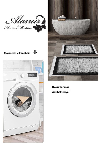 Kaymaz Taban Djt 2'li Banyo Paspas Takımı Yıldız Deri Saçaklı Modern 1342 Siyah modelleri