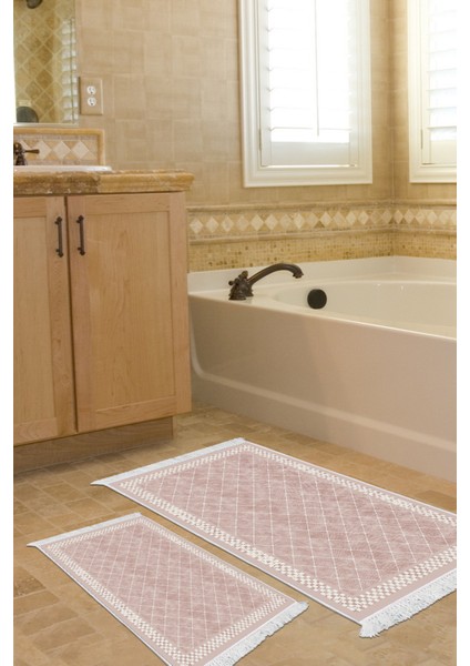 Kaymaz Taban Djt 2'li Banyo Paspas Takımı Yıldız Deri Saçaklı Modern 603M Pudra