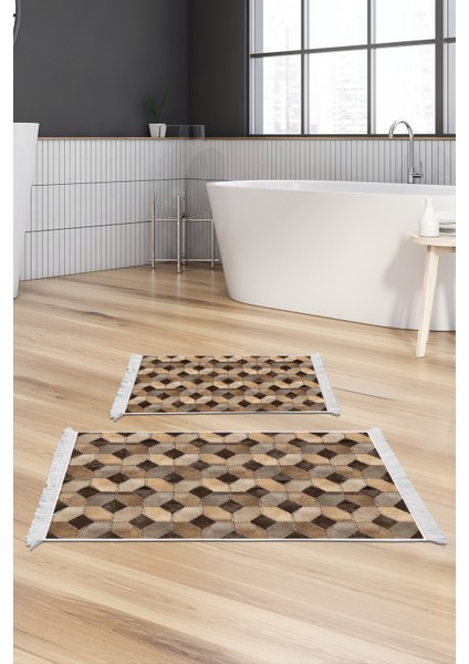 Kaymaz Taban Djt 2'li Banyo Paspas Takımı Trend Saçaklı Modern 1926 Kahve
