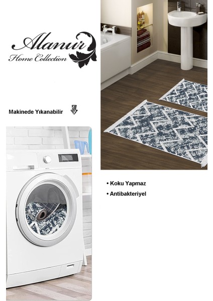 Kaymaz Taban Djt 2'li Banyo Paspas Takımı Star Pamuk Saçaklı Iskandinav F5128 Mavi