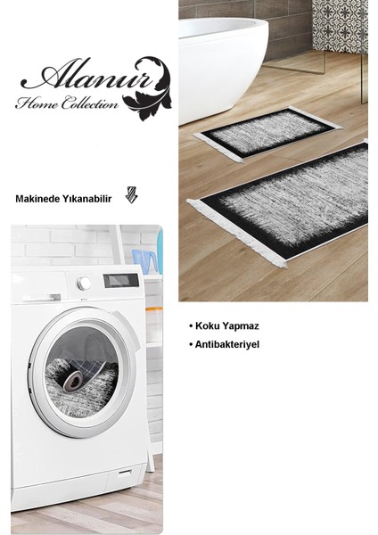 Kaymaz Taban Djt 2'li Banyo Paspas Takımı Star Pamuk Saçaklı Modern 1342 Siyah
