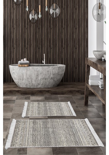 Kaymaz Taban Djt 2'li Banyo Paspas Takımı Trend Saçaklı Iskandinav F5087 Gri