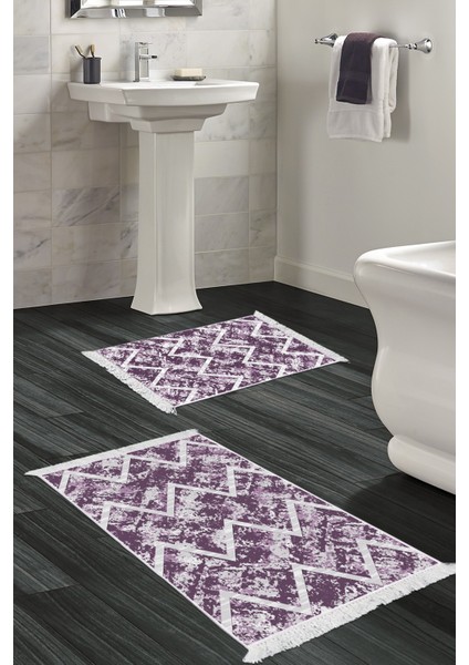 Kaymaz Taban Djt 2'li Banyo Paspas Takımı Yıldız Deri Saçaklı Iskandinav F5128 Mor