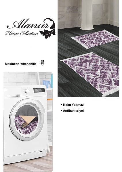Kaymaz Taban Djt 2'li Banyo Paspas Takımı Yıldız Deri Saçaklı Iskandinav F5128 Mor