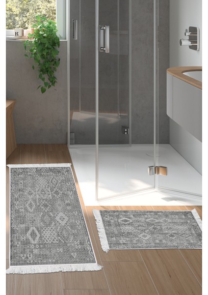 Kaymaz Taban Djt 2'li Banyo Paspas Takımı Yıldız Deri Saçaklı Iskandinav F5137 Antrasit