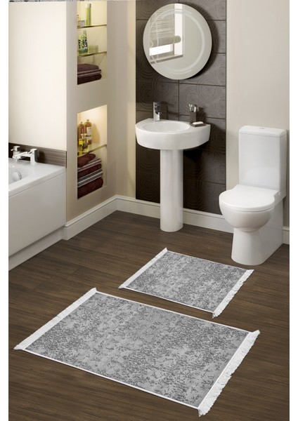 Kaymaz Taban Djt 2'li Banyo Paspas Takımı Yıldız Deri Saçaklı Modern 1918 Gri