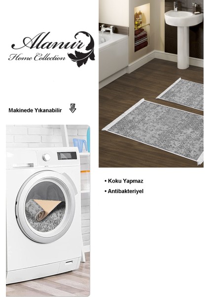Kaymaz Taban Djt 2'li Banyo Paspas Takımı Yıldız Deri Saçaklı Modern 1918 Gri
