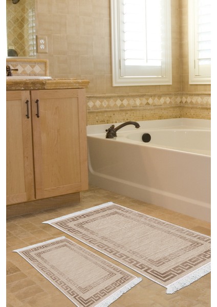 Kaymaz Taban Djt 2'li Banyo Paspas Takımı Trend Saçaklı Modern F5036 Bej