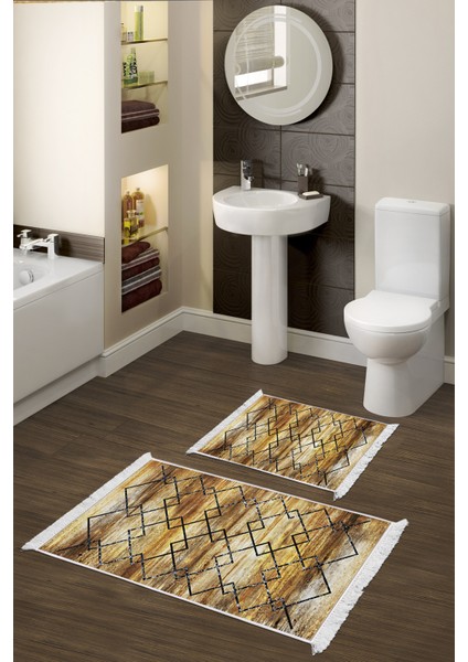 Kaymaz Taban Djt 2'li Banyo Paspas Takımı Trend Saçaklı Modern M5006 Gold