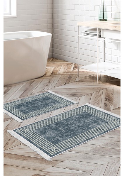 Kaymaz Taban Djt 2'li Banyo Paspas Takımı Star Pamuk Saçaklı Modern M5142 Mavi