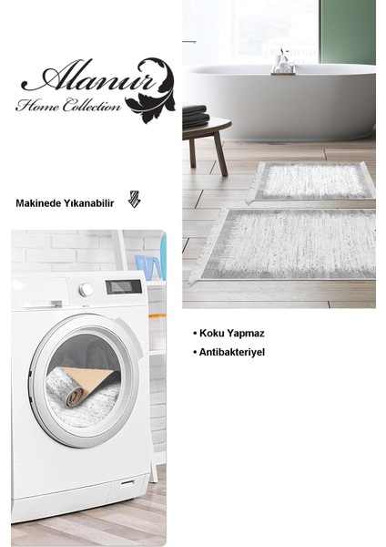 Kaymaz Taban Djt 2'li Banyo Paspas Takımı Yıldız Deri Saçaklı Modern 1342 Gri