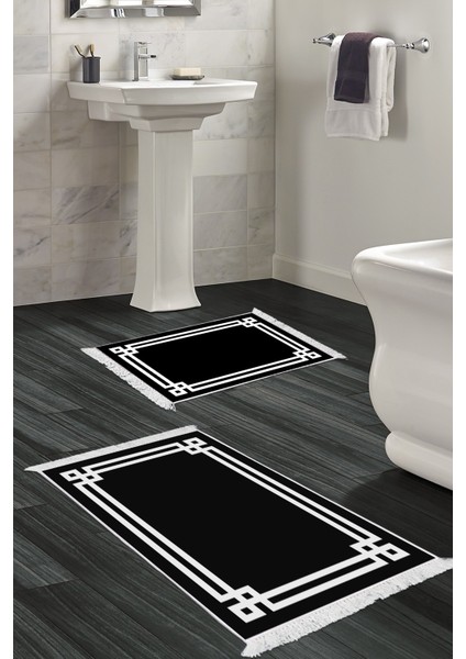Kaymaz Taban Djt 2'li Banyo Paspas Takımı Star Pamuk Saçaklı Modern 1669 Siyah